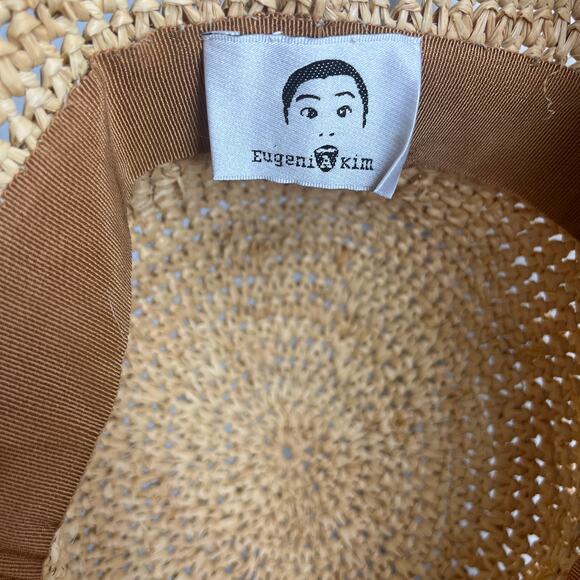 Anthropologie Eugenia Kim Bucket Sun Hat Natural Neutrals Straw Leather Flower - Picture 7 of 8